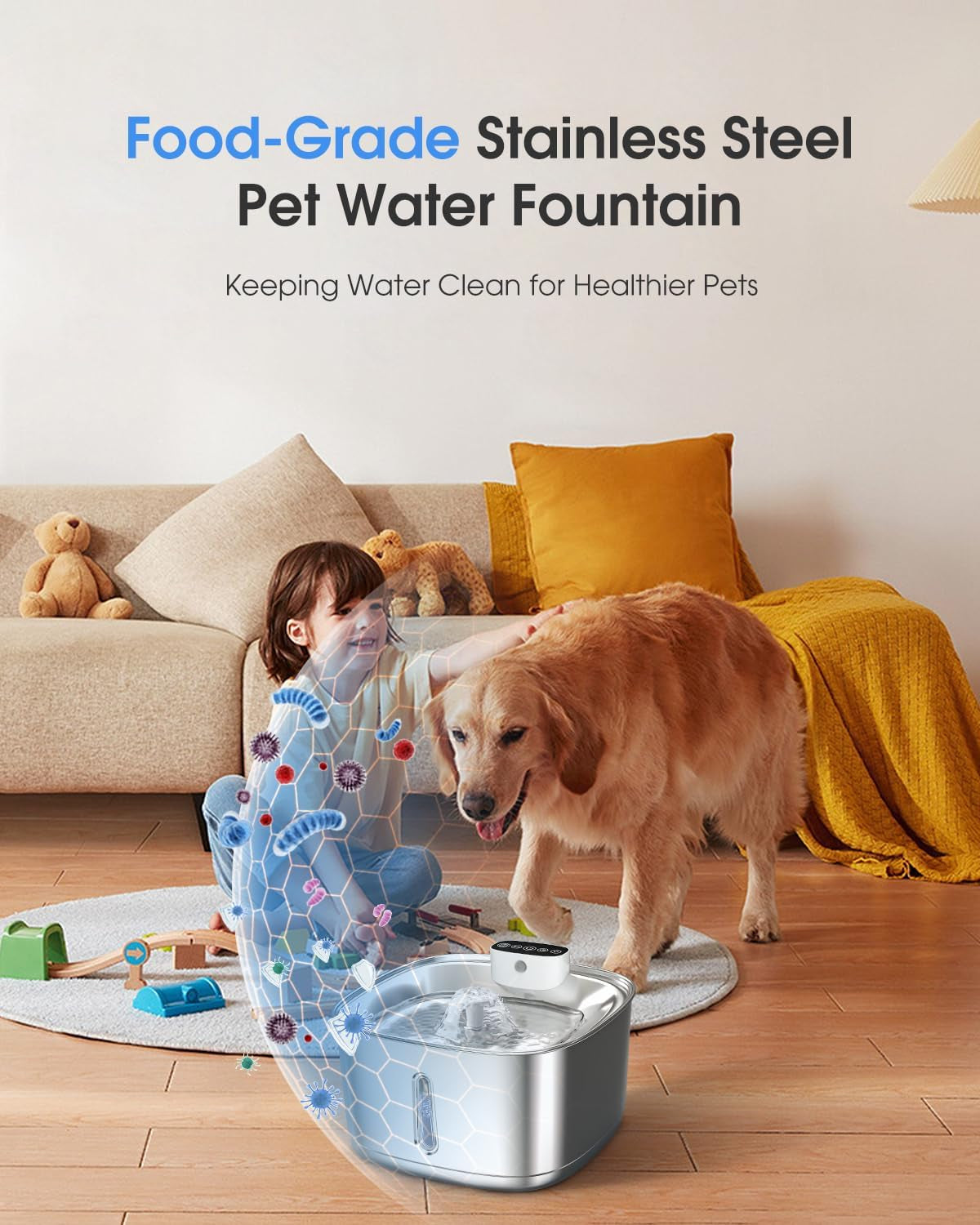 Wireless Cat Water Fountain Stainless Steel, Smart Pet Water Fountain Cordless,3.2L/108Oz with Filters and 2 Spray-Head,Pet Water Fountain for Cats Dogs Indoor
