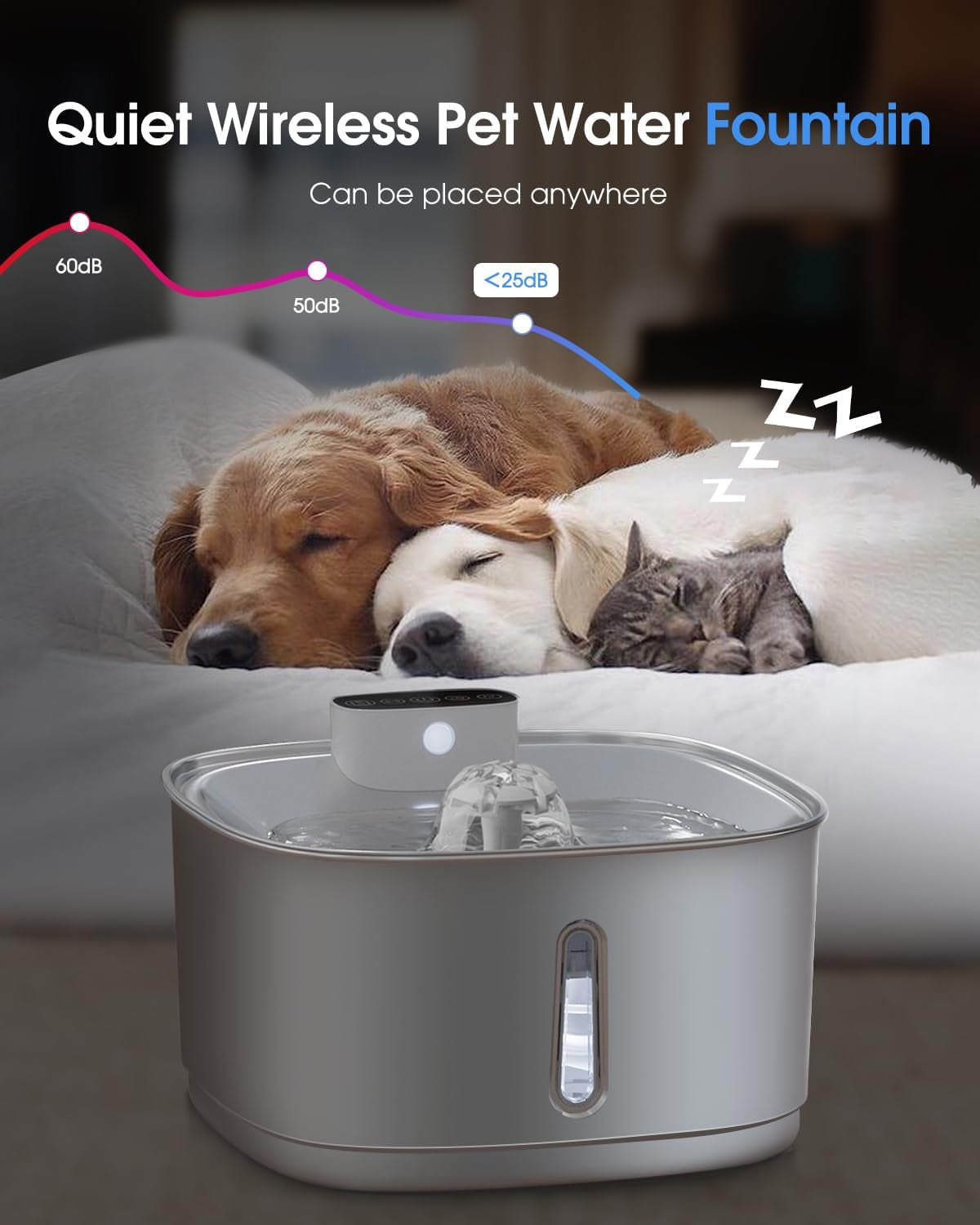 Wireless Cat Water Fountain Stainless Steel, Smart Pet Water Fountain Cordless,3.2L/108Oz with Filters and 2 Spray-Head,Pet Water Fountain for Cats Dogs Indoor